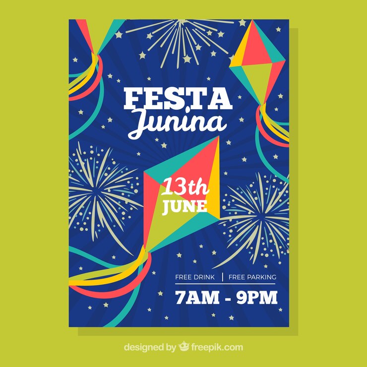 Vetor grátis festa junina com pipas e fogos de artifício