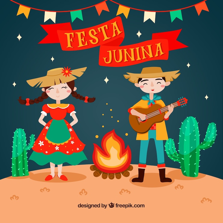 Vetor grátis festa junina fundo com pessoas tocando e cantando