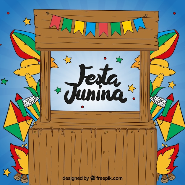 Festa, junina, levantar, fundo, mão, desenhado, decoração