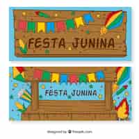 Vetor grátis festa junina madeira banners e decoração
