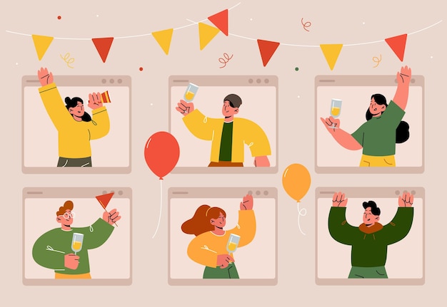 Festa online, videochamada com pessoas felizes comemorando aniversário, evento ou feriado. ilustração plana vetorial de homens e mulheres em janelas de computador com champanhe, confete, guirlanda e balões