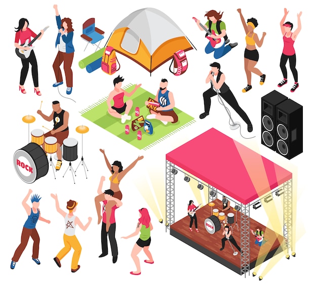 Festival de música ao ar livre com personagens humanos dos visitantes do fest e músicos isolados