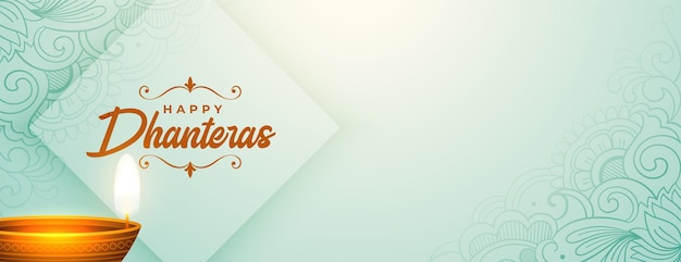 Festival indiano feliz dhanteras banner tradicional com vetor de design diya brilhante