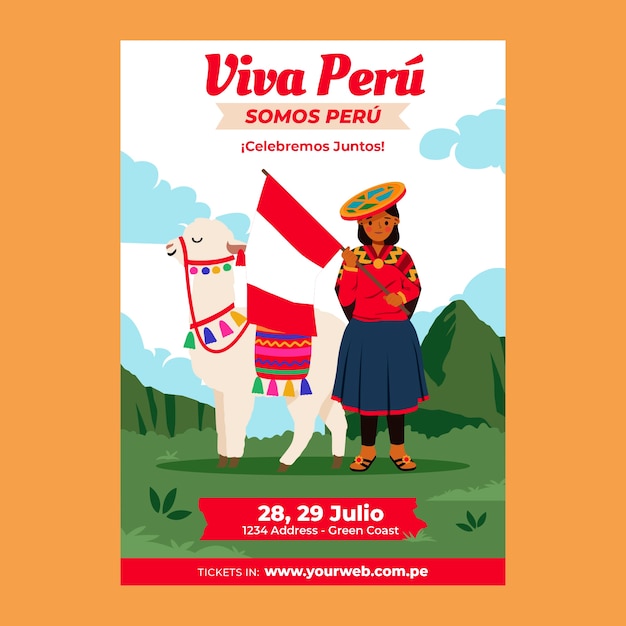 Fiestas patrias peru cartaz plano desenhado à mão