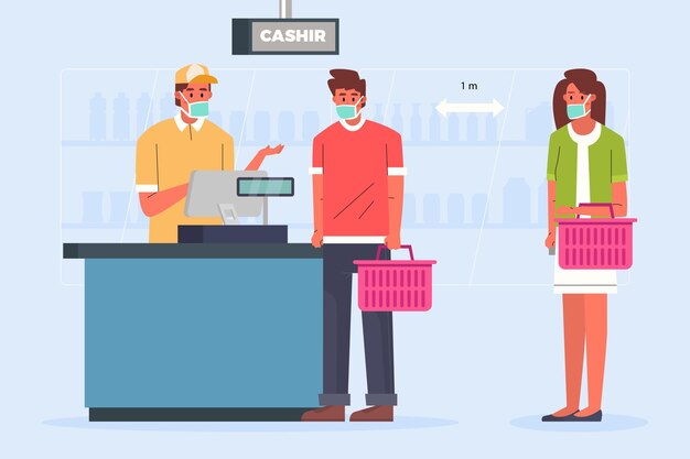 Fila de supermercado com distância de segurança