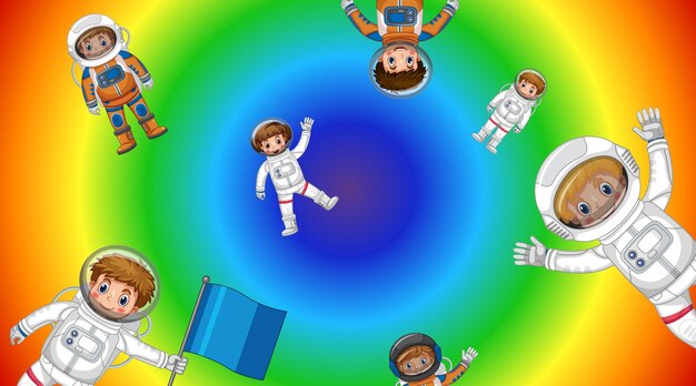 Filhos de astronautas voando em fundo gradiente de arco-íris