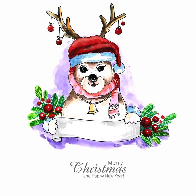 Filhote de cachorro fofo para o Natal com fundo de cartão em aquarela