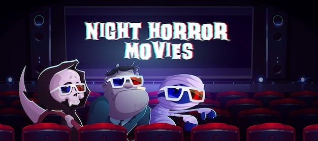 Filmes de terror noturnos banner de desenho animado monstros engraçados