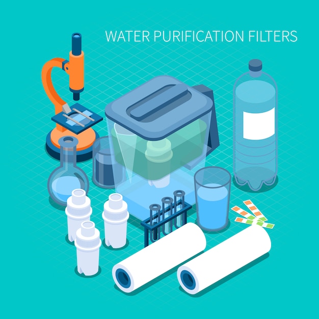 Vetor grátis filtros para purificação de água em casa e composição isométrica de equipamentos de laboratório para testes