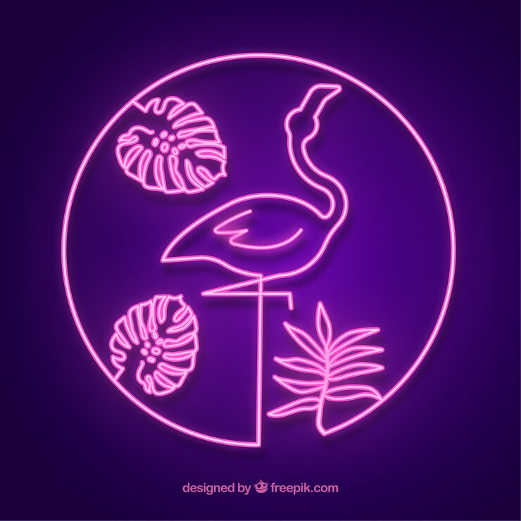 Vetor grátis flamingo néon com plantas e luz rosa