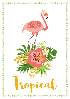 Flamingo rosa fofo verde tropical deixa buquê de hibisco conceito tropical vetor de fundo de festa de verão