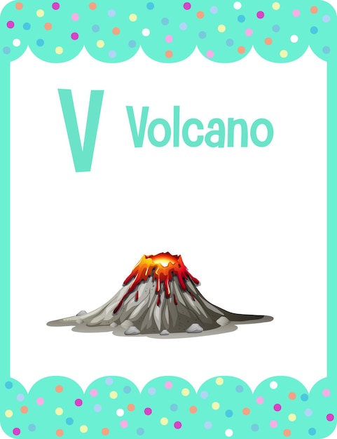 Flashcard do alfabeto com a letra v para vulcão