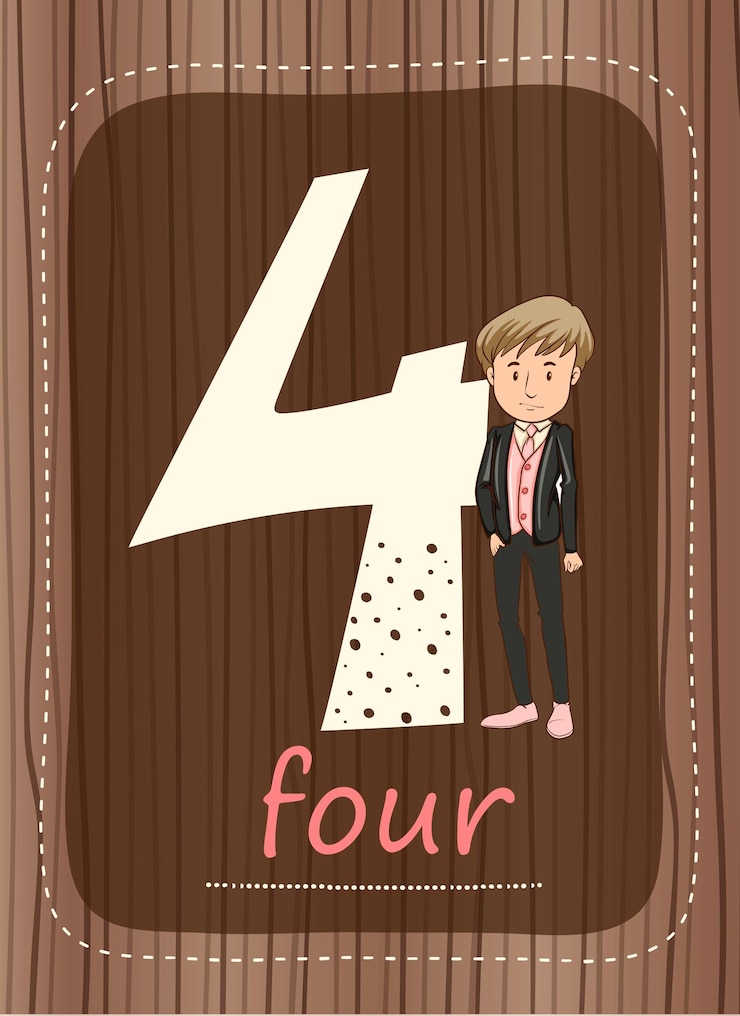 Vetor grátis flashcard número 4 com número e palavra