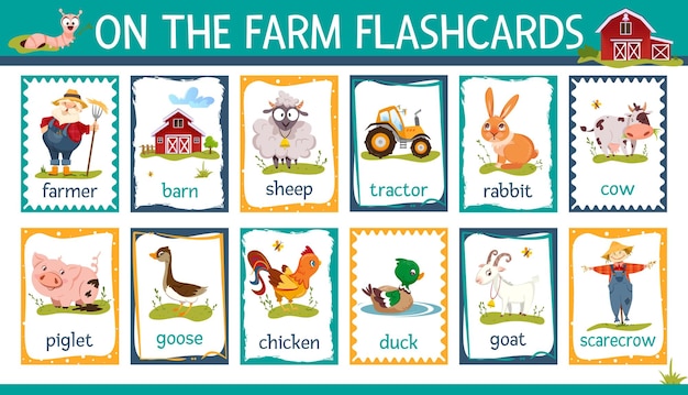 Vetor grátis flashcards com animais de fazenda de desenho animado e fazendeiro de trator de celeiro