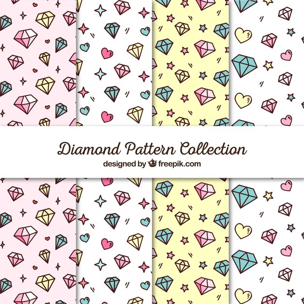Vetor grátis flat coleção de padrões com corações e diamantes