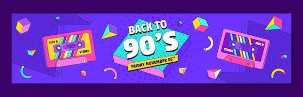 Flat design banner twitch de festival de música nostálgico dos anos 90