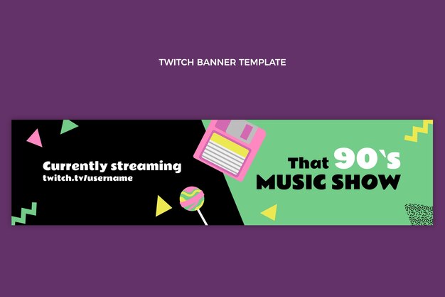 Flat design banner twitch de festival de música nostálgico dos anos 90