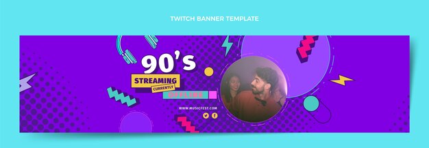 Flat design banner twitch no festival de música dos anos 90