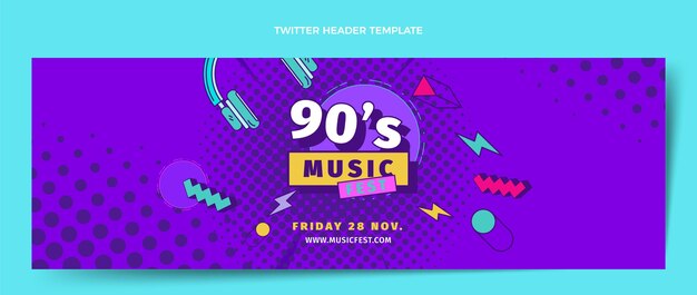 Flat design cabeçalho do twitter do festival de música dos anos 90