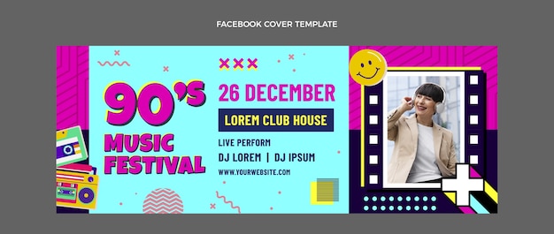 Flat design capa do facebook do festival de música nostálgica dos anos 90