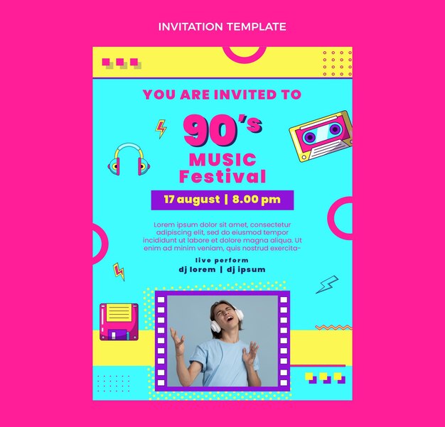 Flat design convite para festival de música dos anos 90