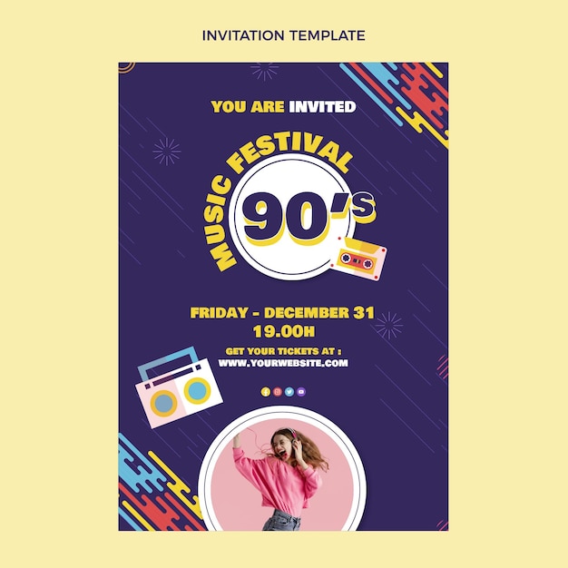 Flat design convite para festival de música nostálgica dos anos 90