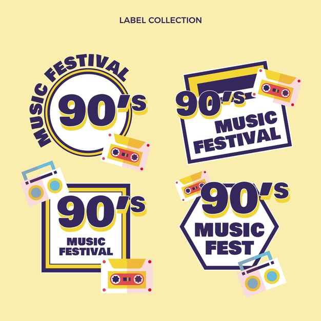 Flat design de selos nostálgicos de festivais de música dos anos 90