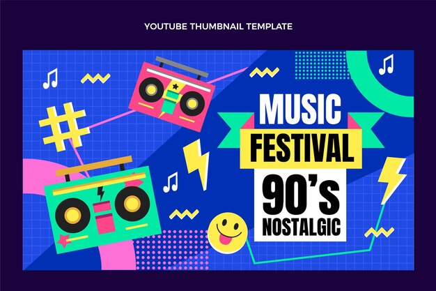 Flat design em miniatura do youtube do festival de música dos anos 90