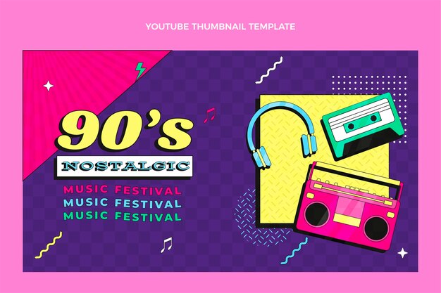 Flat design em miniatura do youtube do festival de música nostálgico dos anos 90