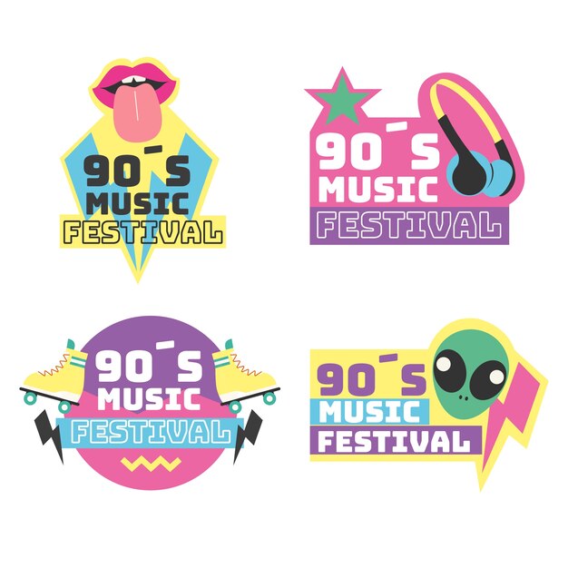 Flat design Emblemas de festival de música nostálgica dos anos 90