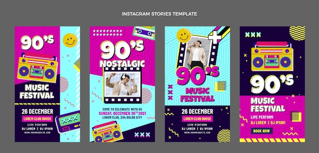 Flat design histórias do instagram do festival de música dos anos 90