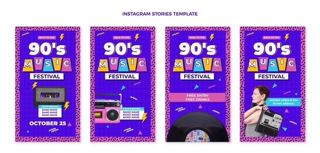 Flat design histórias nostálgicas do instagram do festival de música