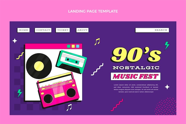 Flat design página inicial do nostálgico festival de música dos anos 90