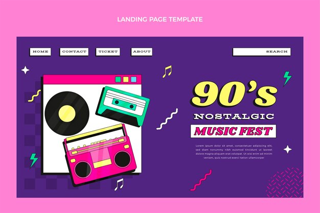 Flat design página inicial do nostálgico festival de música dos anos 90