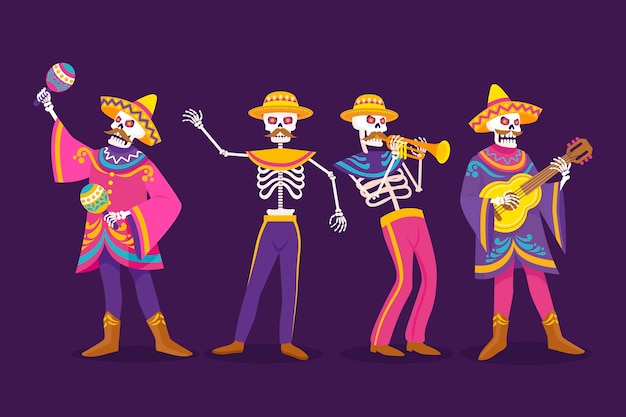 Flat dia de muertos celebração coleção de elementos de personagens