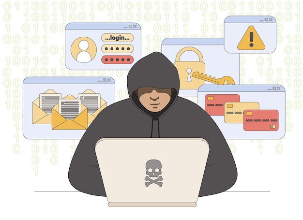 Vetor grátis flat hacker com laptop roubando dados pessoais na internet