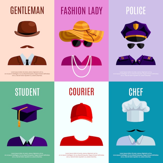 Flat mini cartazes conjunto de cavalheiro policial estudante mensageiro