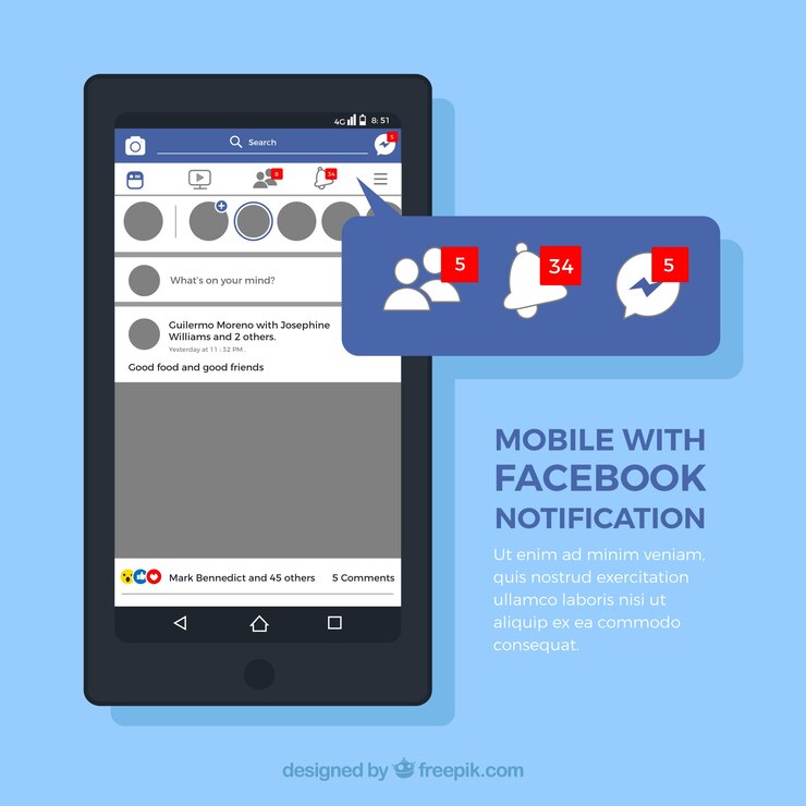 Vetor grátis flat mobile com notificações no facebook