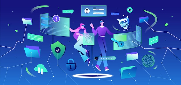 Flat people in VR goggles and ai robot in metaverse solve problem of data privacy