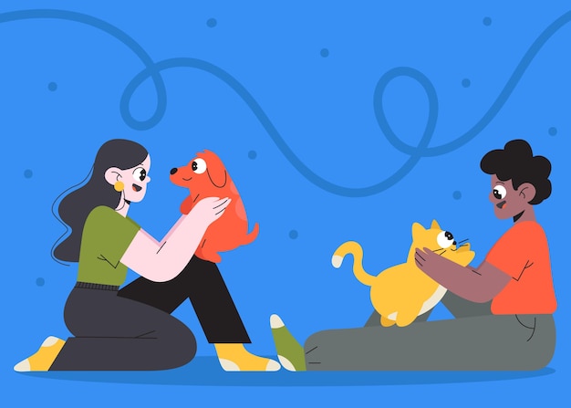 Flat pessoas com animais ilustrados