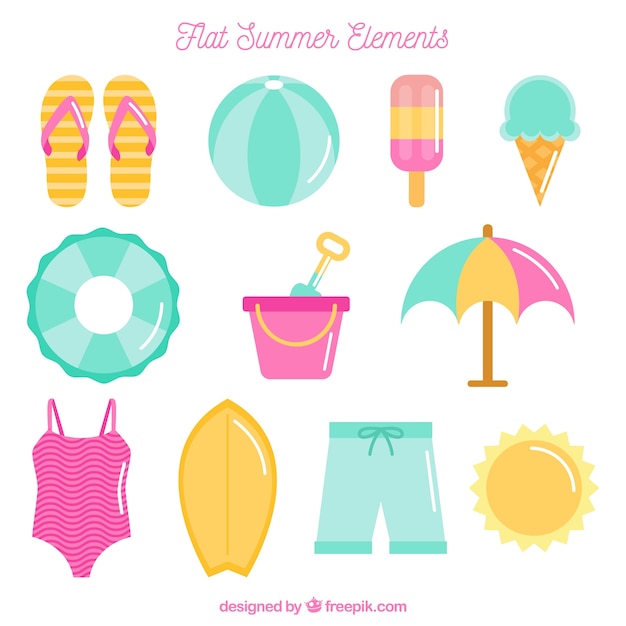 Flat, seleção, verão, objetos, pastel, cores