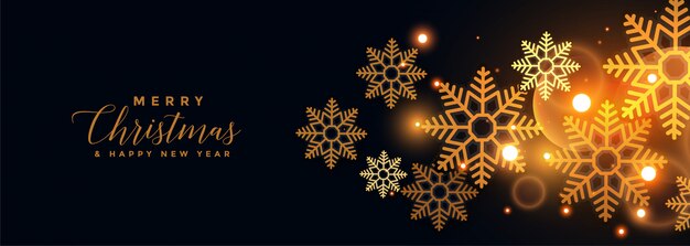 Flocos de neve dourados no banner preto feliz Natal