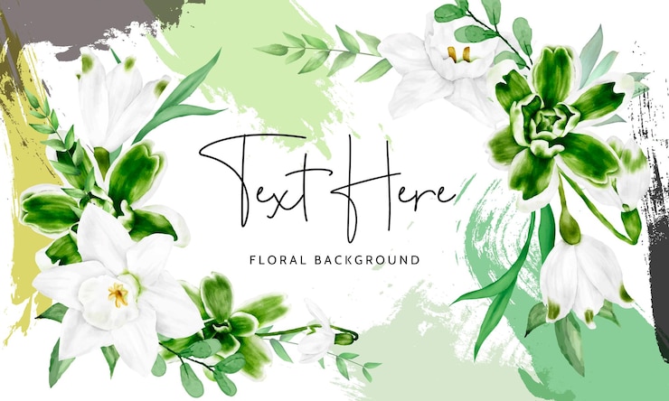 Vetor grátis flor branca aquarela elegante e fundo floral de folhas verdes