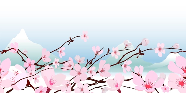Flor de cerejeira japonesa delicada rosa fresca primavera em um banner horizontal