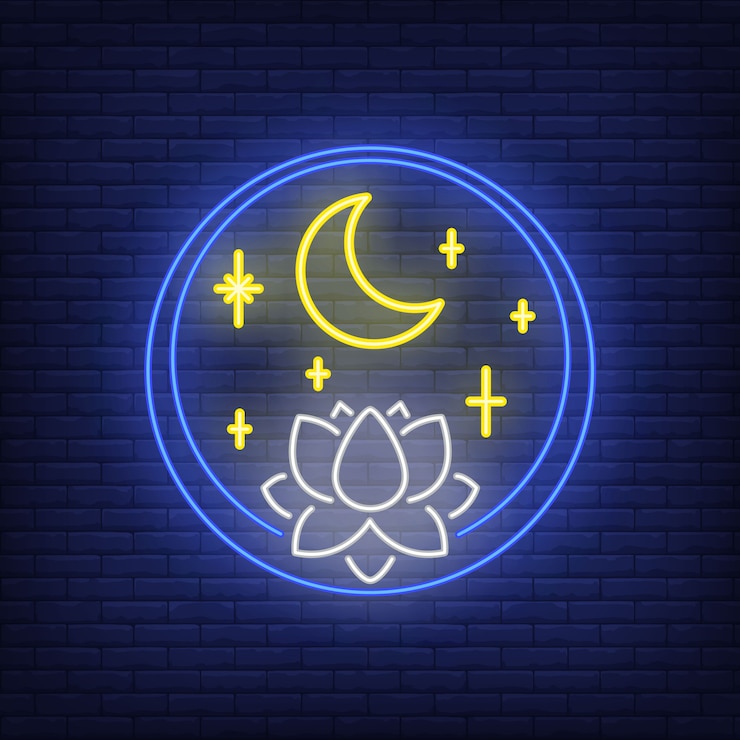 Vetor grátis flor de lótus e lua em sinal de néon do círculo. meditação, espiritualidade, yoga.