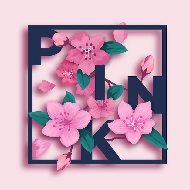 Vetor grátis flores 3d rosa em estilo de papel com letras