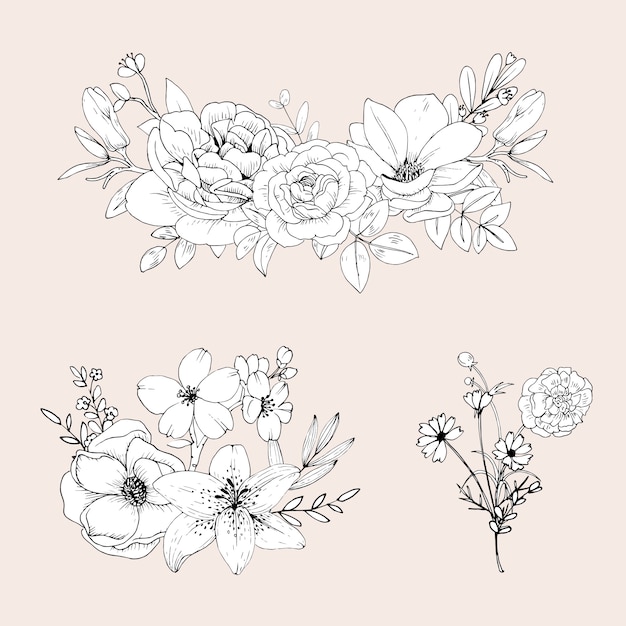 Flores de giro linha isoladas. buquê de mão desenhada