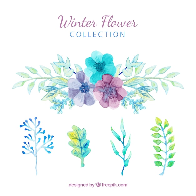 Flores de inverno em aguarela azul, verde e roxa