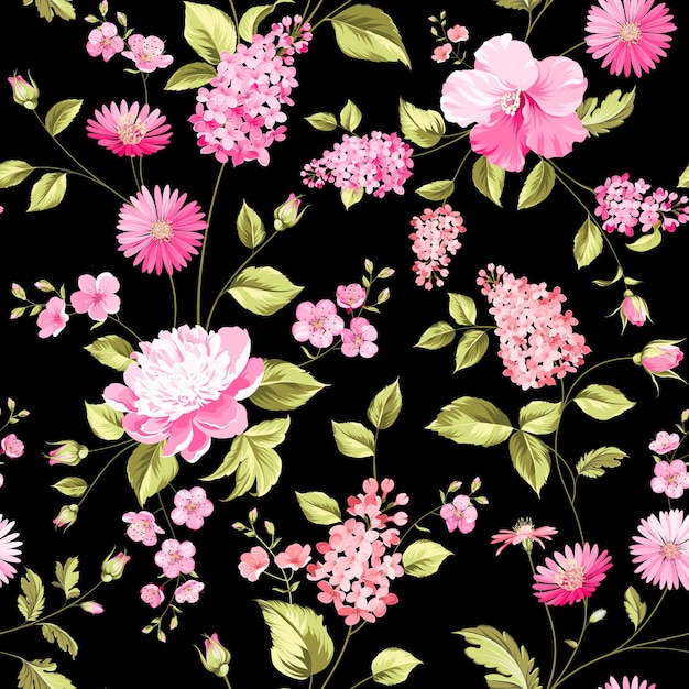 Flores de primavera sem costura padrão em preto
