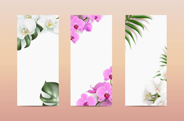 Flores modelo panfletos com flores realistas e orquídeas convites de casamento e banho de celebração
